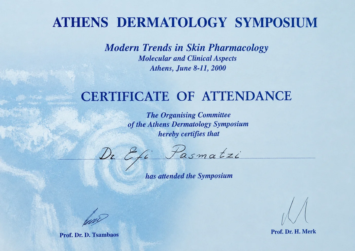 Certificate of Attendance — Athens Dermatology Symposium